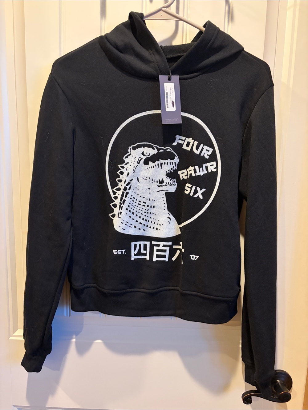Black 'Four Rawr Six' Dino Graphic Hoodie - Kids